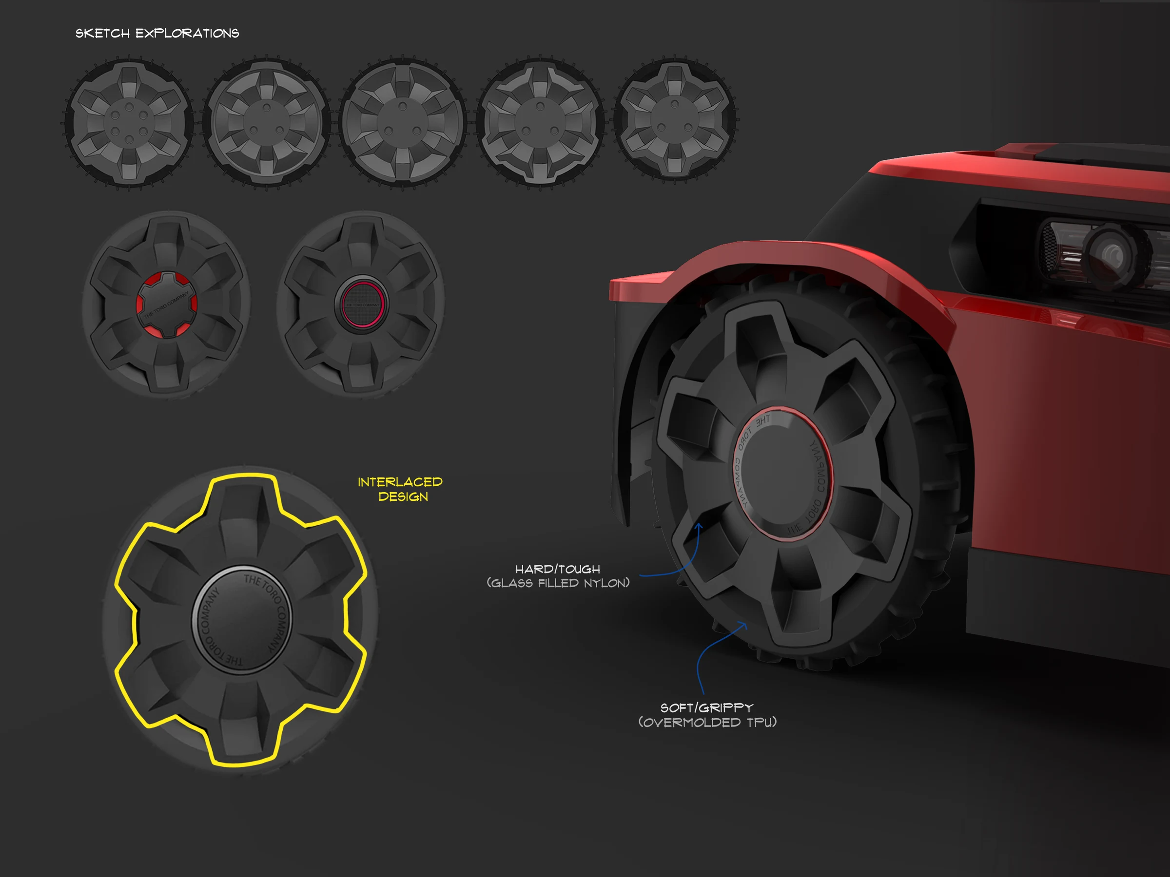 Haven wheel design — glass-filled nylon with overmolded TPU tread